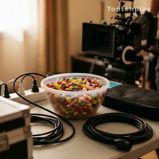 Bol de bonbons colorés sur une table de tournage, symbolisant la préparation physique du comédien