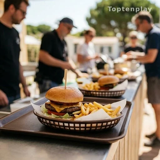 Plateau repas avec burger et frites sur une table de cantine de tournage en extérieur