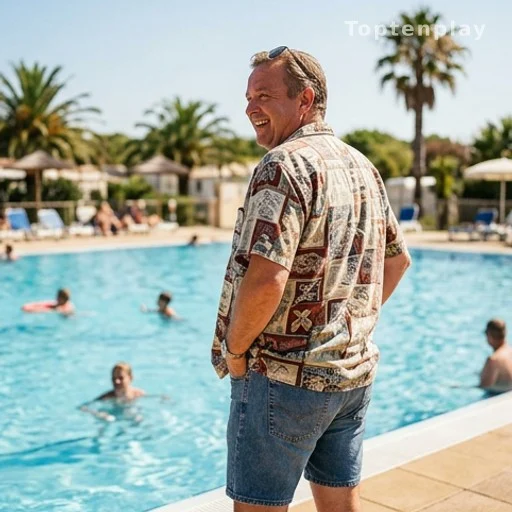 Silhouette d'un homme en chemise colorée rétro près d'une piscine de camping en été