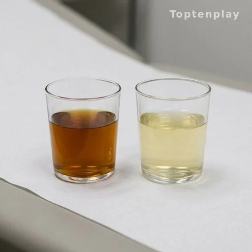 Deux verres comparant urine claire et urine foncée, signe de jaunisse
