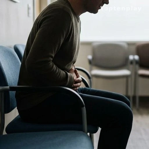 Silhouette anonyme en salle d'attente, main sur l'abdomen, exprimant un malaise