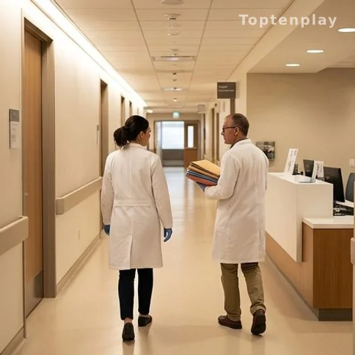 Couloir d'un institut de recherche contre le cancer avec chercheurs
