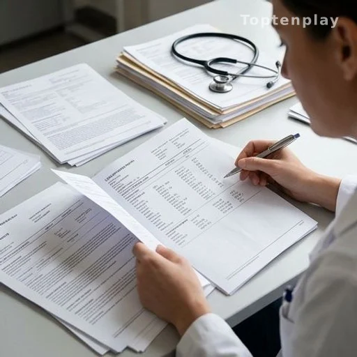 Médecin consultant des résultats d'analyses biologiques sur son bureau