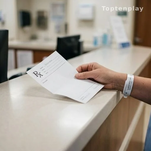 Main tenant une ordonnance médicale sur un bureau d'hôpital, traitement cancer du sein
