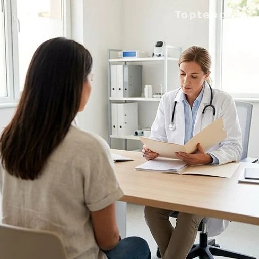 Patiente de dos lors d'une consultation médicale de suivi dans un cabinet lumineux