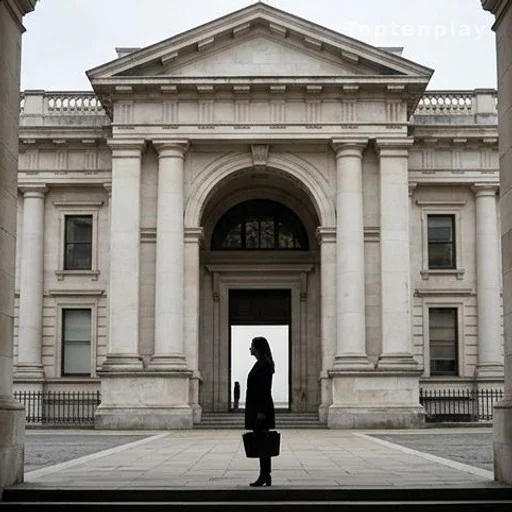 Silhouette de femme devant la façade en pierre d'un palais de justice