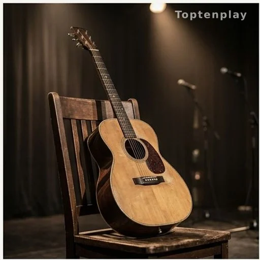 Guitare acoustique posée sur une scène, en hommage à un chanteur italien disparu