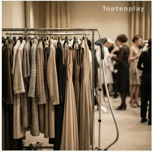 Vêtements de haute couture sur portant, coulisses d'un défilé de mode