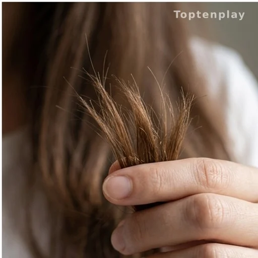 Gros plan sur des pointes de cheveux secs et fourchus tenus entre les doigts