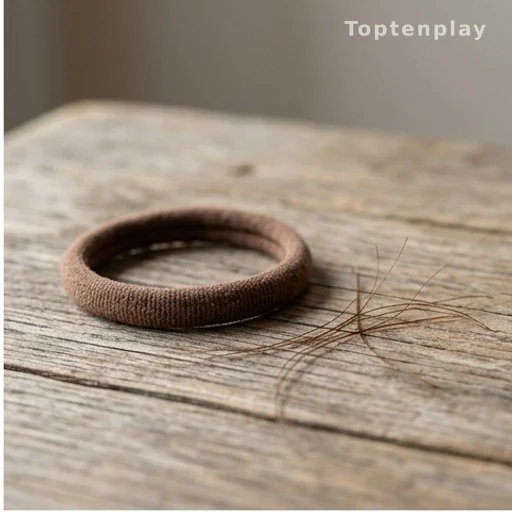 Élastique à cheveux et mèches cassées sur une surface en bois, gros plan