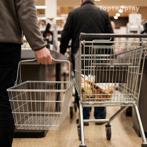 Panier presque vide derrière un chariot plein dans une file de caisse de supermarché