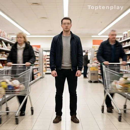 Personne debout dans une allée de supermarché animée, posture tendue, foule floue autour
