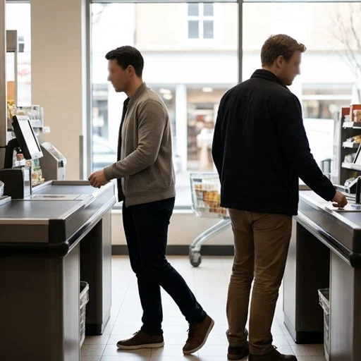 Deux clients anonymes à la caisse, l'un laissant passer l'autre, vus de dos