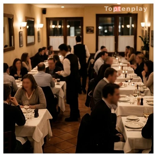 Salle de restaurant italienne animée un soir de semaine, tables occupées