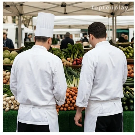 Deux cuisiniers de dos visitant un marché de producteurs le week-end