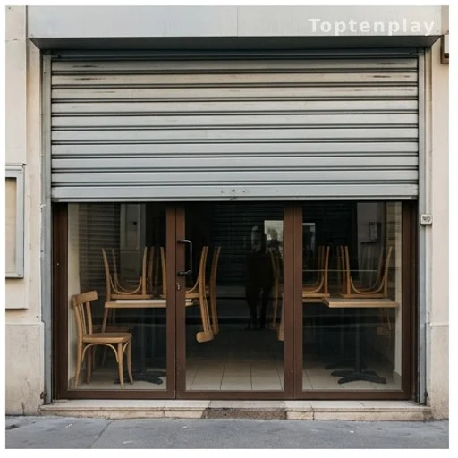 Devanture de restaurant fermée un week-end, chaises empilées visibles derrière la vitre