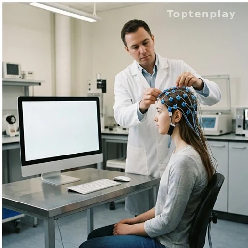 Chercheur posant des électrodes EEG sur un participant lors d'une étude cognitive