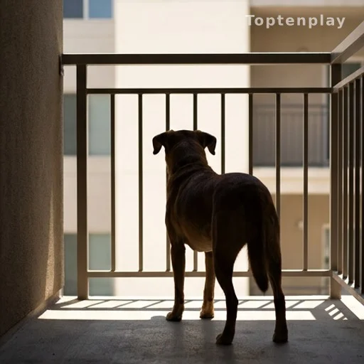 Silhouette de chien de dos sur un balcon ensoleillé sans eau ni ombre