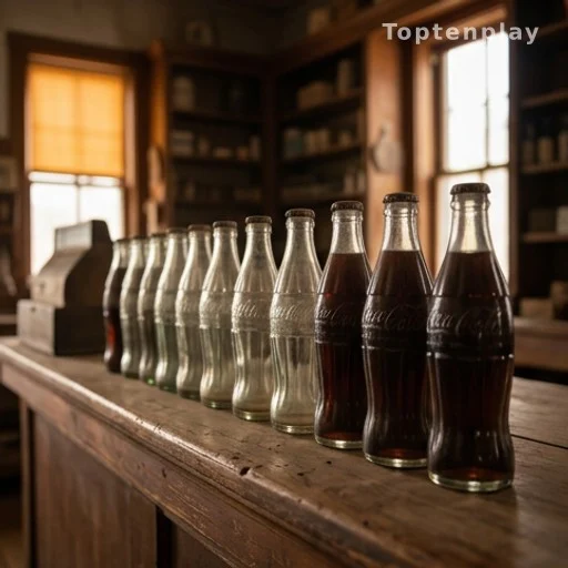 Bouteilles de soda vintage alignées sur un comptoir de magasin général des années 1930