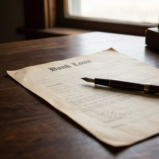 Document de prêt bancaire ancien et stylo plume sur un bureau en bois