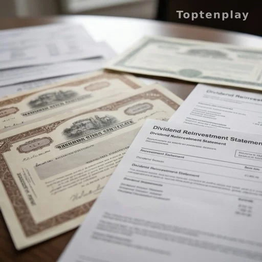 Certificats d'actions et relevés de dividendes étalés sur une table, illustration d'un portefeuille boursier historique