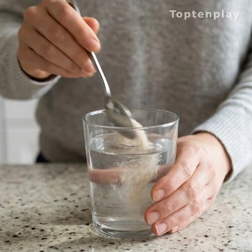 Main mélangeant du psyllium en poudre dans un verre d'eau froide