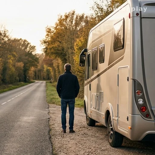 Silhouette d'un homme de dos près d'un camping-car sur une route française