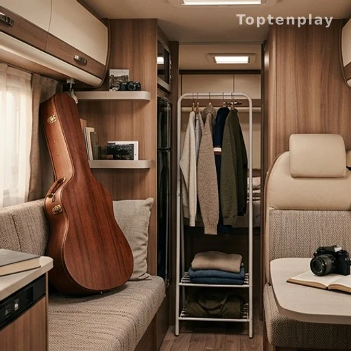 Intérieur d'un camping-car aménagé avec une guitare et des affaires de scène