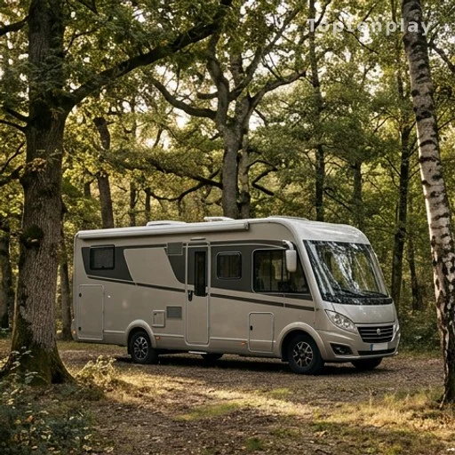 Camping-car stationné dans un bois parisien, lumière filtrée par les arbres
