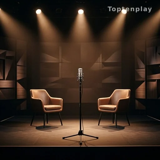 Plateau de télévision avec micros et fauteuils, lumières de studio allumées