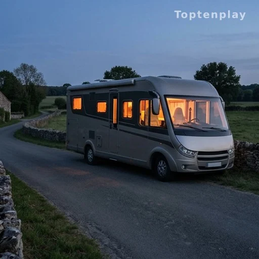 Grand camping-car de luxe stationné au bord d'une route française au crépuscule
