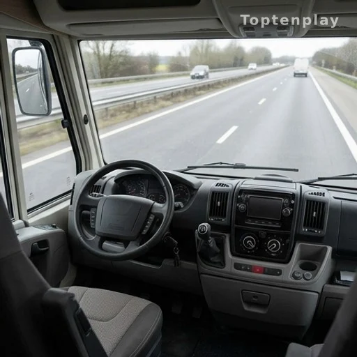 Intérieur du poste de conduite d'un grand camping-car, volant et tableau de bord