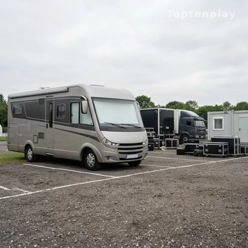 Camping-car stationné dans l'espace technique d'une salle de concert