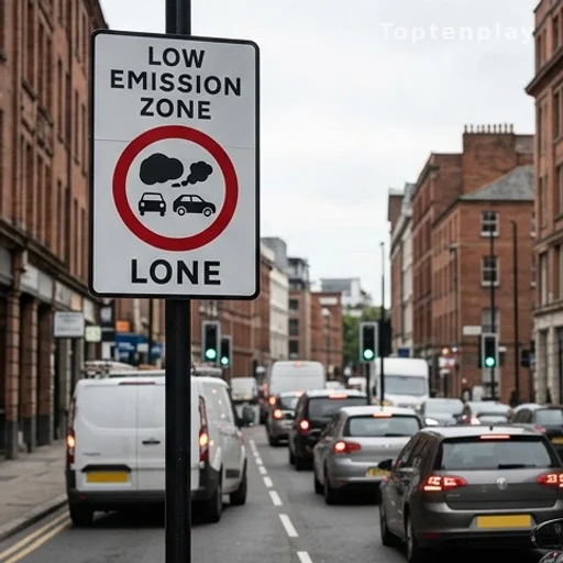 Panneau de zone à faibles émissions en ville avec circulation automobile
