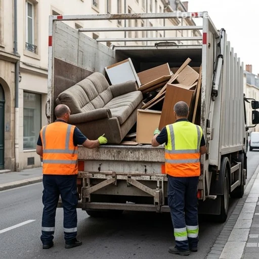 Agents municipaux chargeant des encombrants dans un camion de collecte