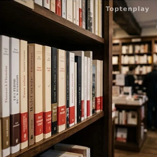 Rangée de livres primés dans une librairie française, lumière chaude