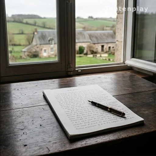 Manuscrit sur un bureau en bois face à une fenêtre donnant sur la campagne normande