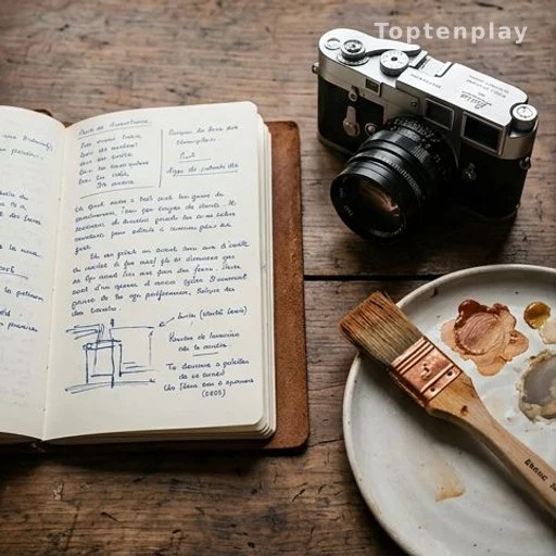 Carnet d'écriture, appareil photo et pinceau posés côte à côte sur une table