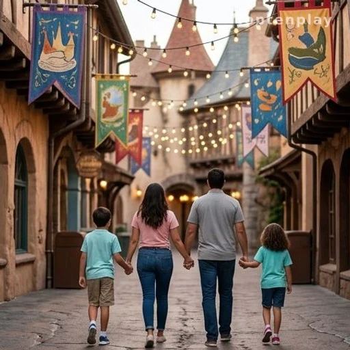 Famille vue de dos se promenant dans une allée de parc d'attractions festif