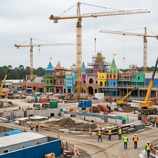 Chantier d'extension d'un grand parc à thème avec grues et nouvelles structures colorées