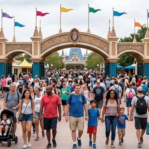 Foule de touristes internationaux à l'entrée d'un grand parc d'attractions européen