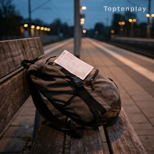 Sac à dos et billet de train sur un banc de quai de gare, lumière de soirée