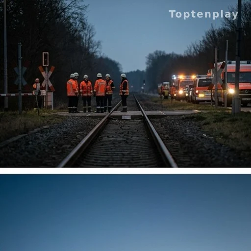 Secouristes en gilets fluorescents près de voies ferrées au crépuscule