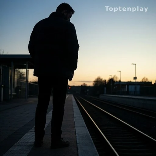Silhouette d'un homme seul de dos sur un quai de gare, lumière douce