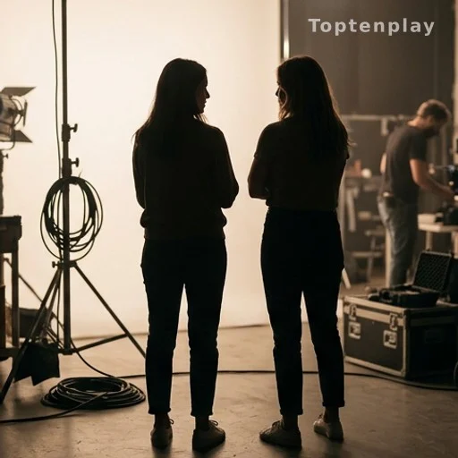 Deux silhouettes féminines de dos sur un plateau de tournage