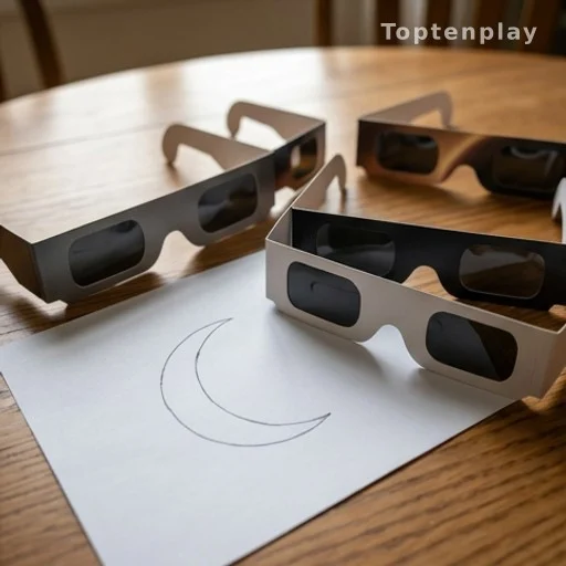Lunettes d'observation solaire et dessin d'un croissant sur papier
