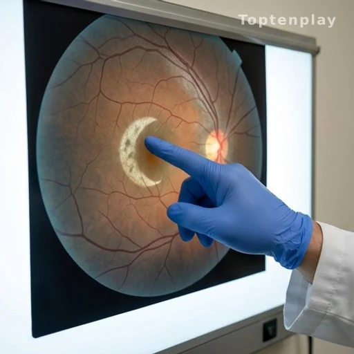 Médecin montrant une lésion en croissant sur un cliché rétinien