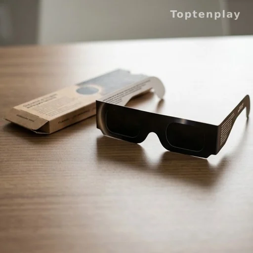 Lunettes spéciales éclipse certifiées posées sur une table avec leur emballage
