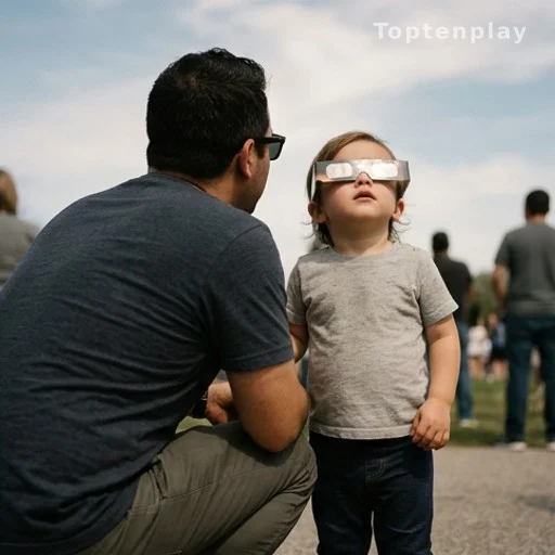 Adulte accompagnant un enfant portant des lunettes d'éclipse solaire