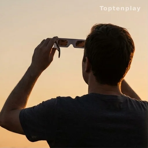 Observateur tenant des lunettes d'éclipse solaire vers le ciel en soirée